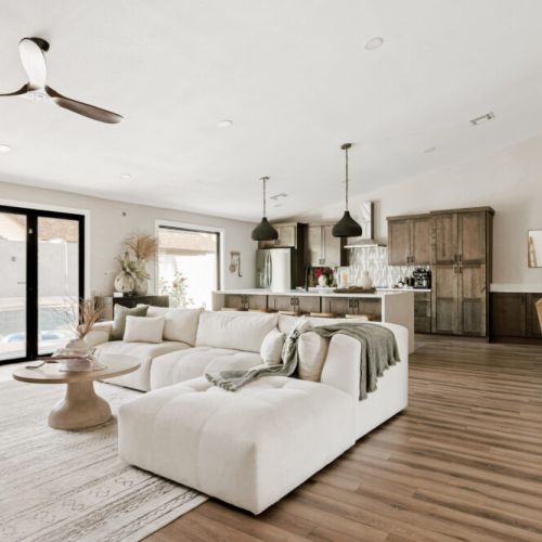 Open-concept living, dining and kitchen spaces