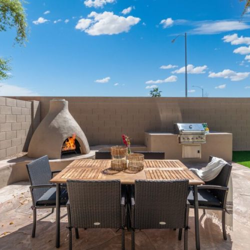 Outdoor seating area and fireplace