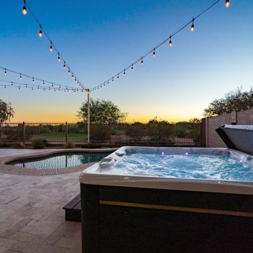 "My husband and I especially enjoyed the cozy primary suite and the spacious bathroom, and our pups enjoyed lounging on the patio and watching the quail on the golf course. The hot tub is delightfully powerful and the patio lights add extra charm at night."