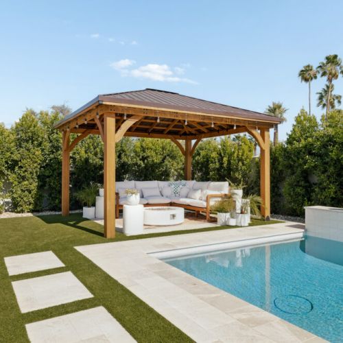 Backyard gazebo, firepit, and seating area