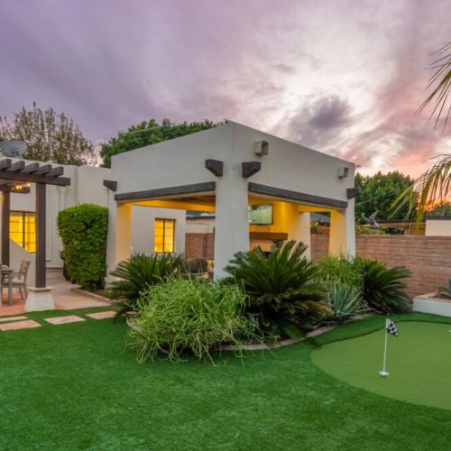 Mini golf, heated pool, shaded ramada, dining area and TV