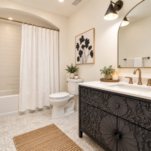 Secondary bathroom with tub/shower combo, ecofriendly soaps