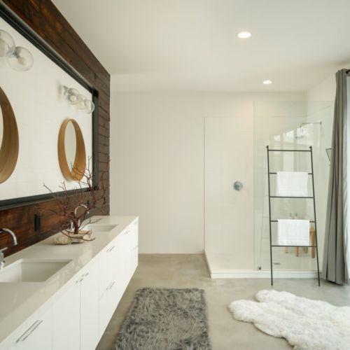Master bathroom with walk in shower and soaking tub