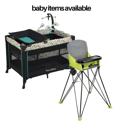 Pack and play and portable high chair available